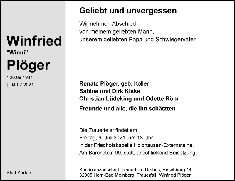  Traueranzeige für Winfried Plöger vom 07.07.2021 aus Lippische Landes-Zeitung