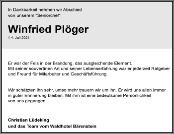 Anzeige  Winfried Plöger  Lippische Landes-Zeitung