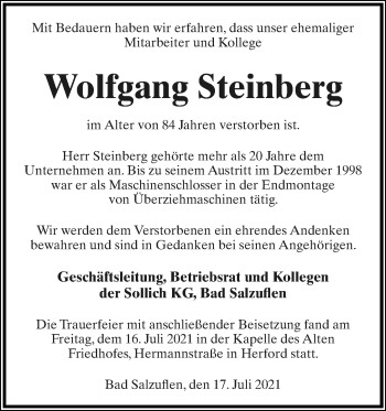 Anzeige  Wolfgang Steinberg  Lippische Landes-Zeitung