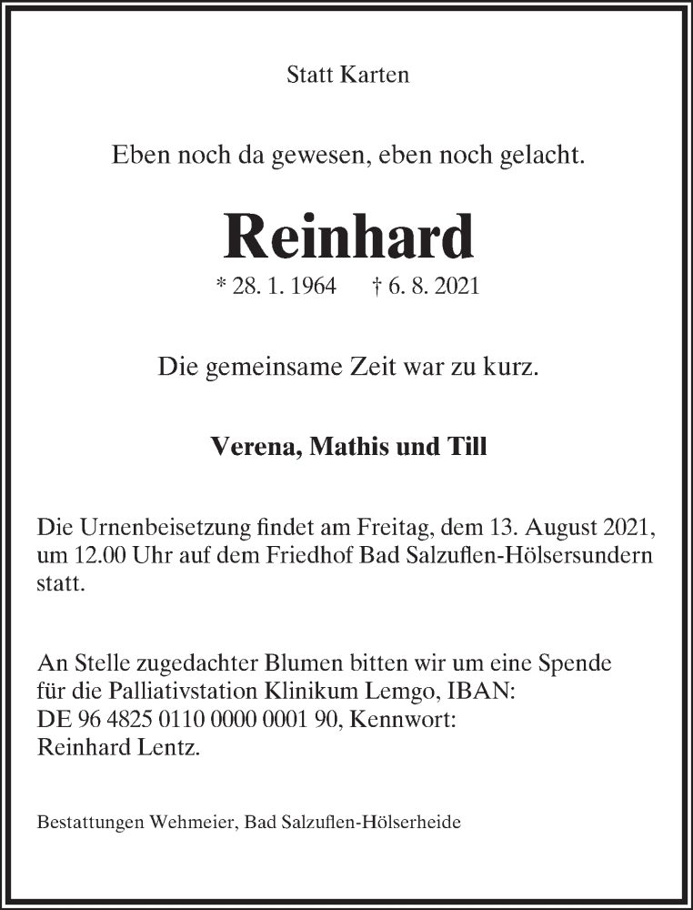  Traueranzeige für Reinhard Lentz vom 11.08.2021 aus Lippische Landes-Zeitung