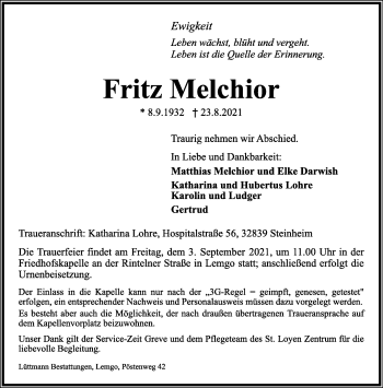 Anzeige  Fritz Melchior  Lippische Landes-Zeitung