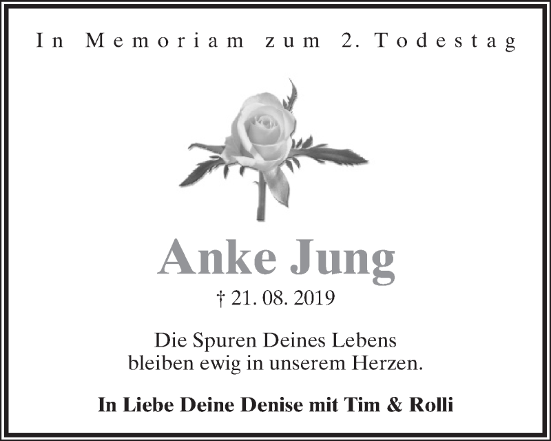  Traueranzeige für Anke Jung vom 21.08.2021 aus Lippische Landes-Zeitung