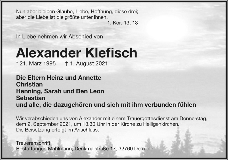  Traueranzeige für Alexander Klefisch vom 28.08.2021 aus Lippische Landes-Zeitung