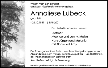 Anzeige  Annaliese Lübeck  Lippische Landes-Zeitung