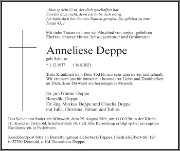 Anzeige  Anneliese Deppe  Lippische Landes-Zeitung