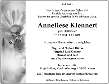 Anzeige  Anneliese Klennert  Lippische Landes-Zeitung
