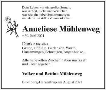 Anzeige  Anneliese Mühlenweg  Lippische Landes-Zeitung