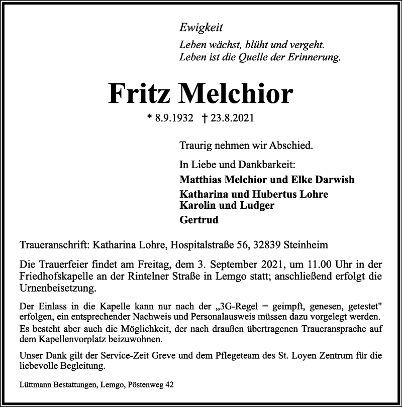  Traueranzeige für Fritz Melchior vom 28.08.2021 aus Lippische Landes-Zeitung