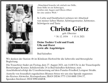 Anzeige  Christa Görtz  Lippische Landes-Zeitung