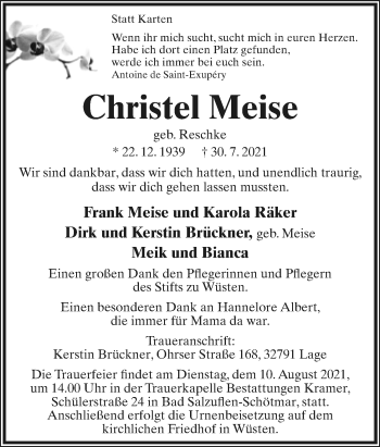 Anzeige  Christel Meise  Lippische Landes-Zeitung