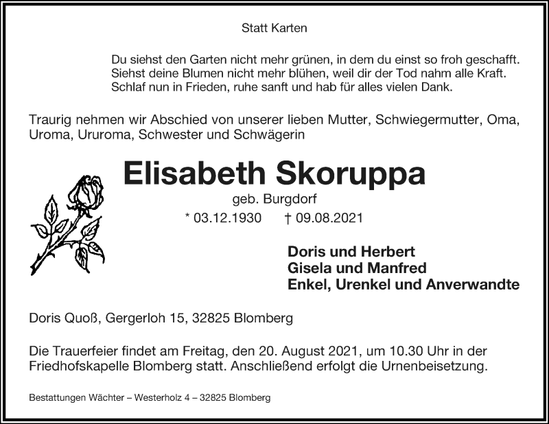  Traueranzeige für Elisabeth Skoruppa vom 14.08.2021 aus Lippische Landes-Zeitung