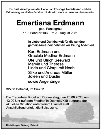 Anzeige  Emertiana Erdmann  Lippische Landes-Zeitung