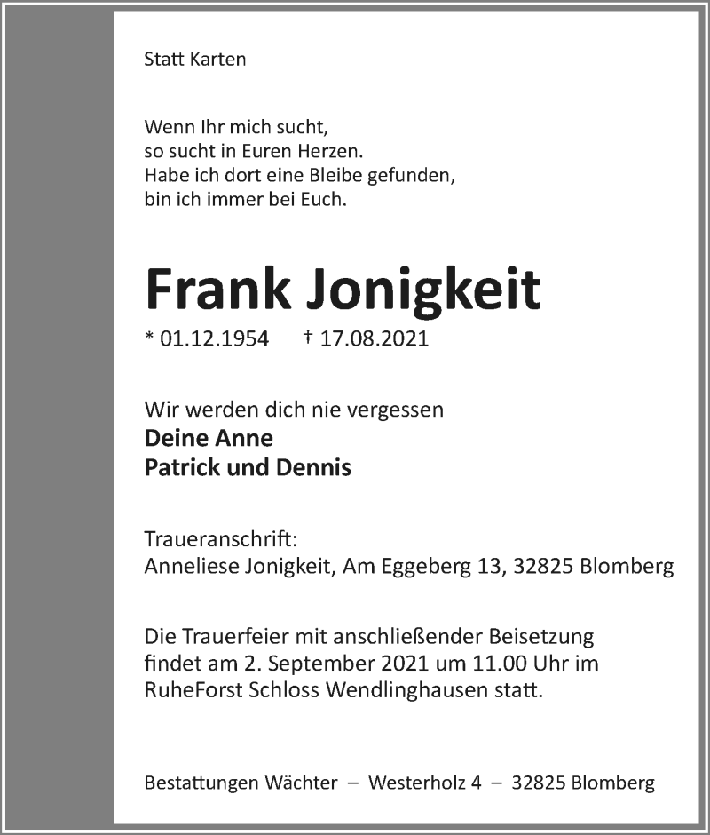  Traueranzeige für Frank Jonigkeit vom 21.08.2021 aus Lippische Landes-Zeitung