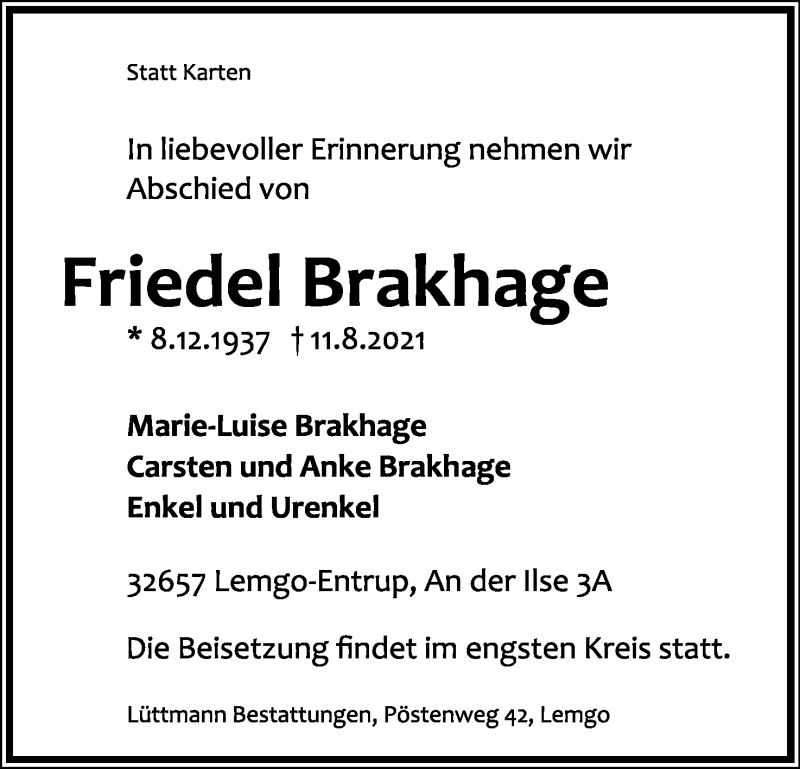  Traueranzeige für Friedel Brakhage vom 14.08.2021 aus Lippische Landes-Zeitung