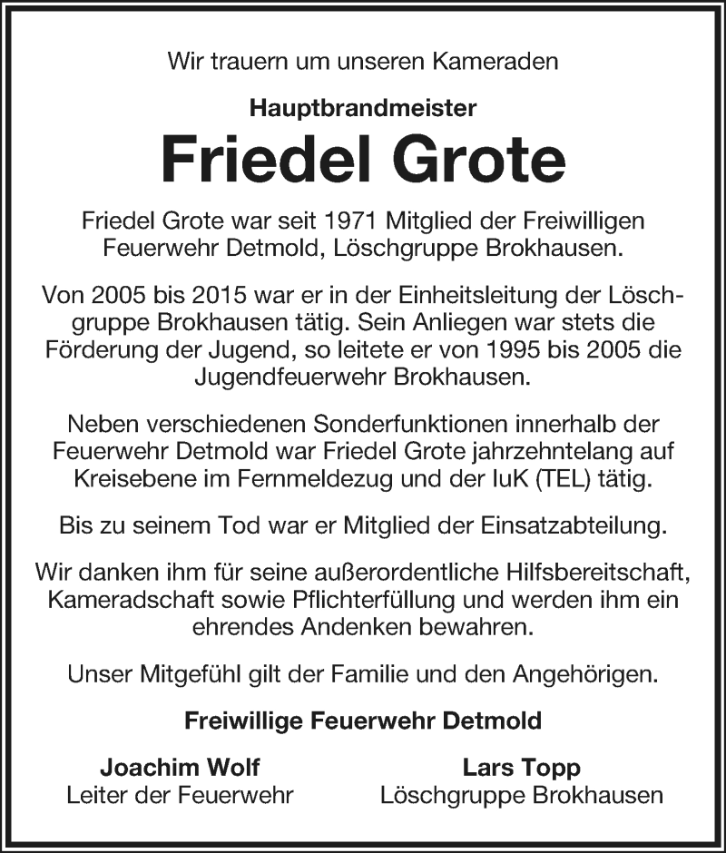  Traueranzeige für Friedel Grote vom 21.08.2021 aus Lippische Landes-Zeitung