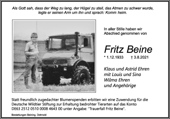 Anzeige  Fritz Beine  Lippische Landes-Zeitung