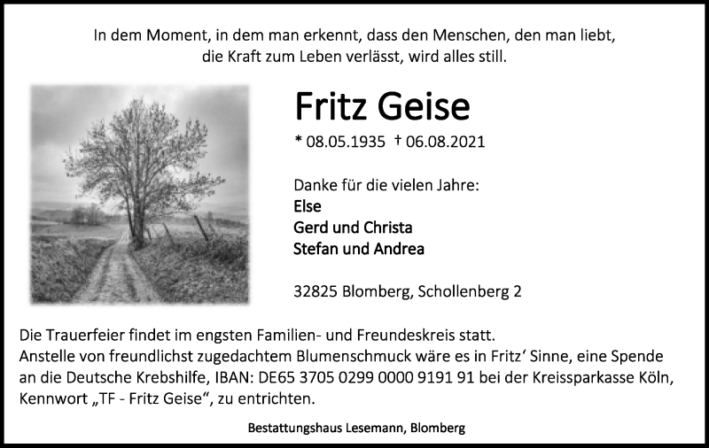  Traueranzeige für Fritz Geise vom 14.08.2021 aus Lippische Landes-Zeitung