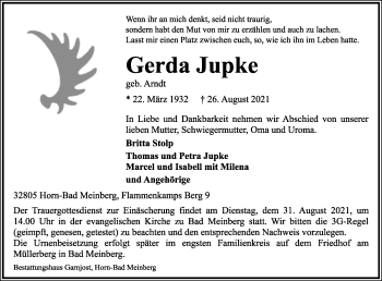 Anzeige  Gerda Jupke  Lippische Landes-Zeitung