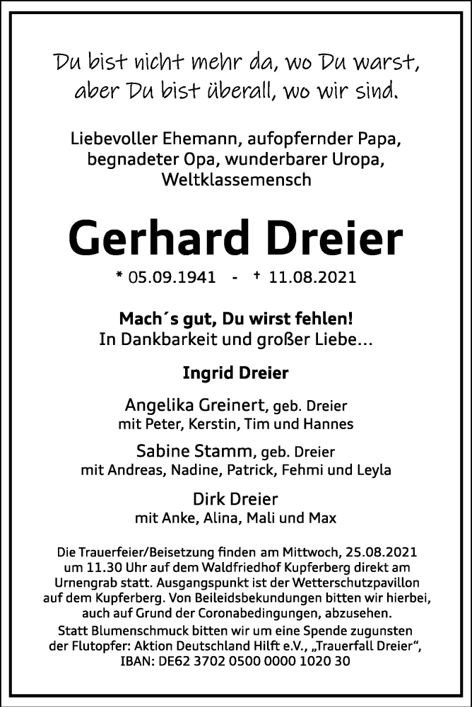  Traueranzeige für Gerhard Dreier vom 14.08.2021 aus Lippische Landes-Zeitung