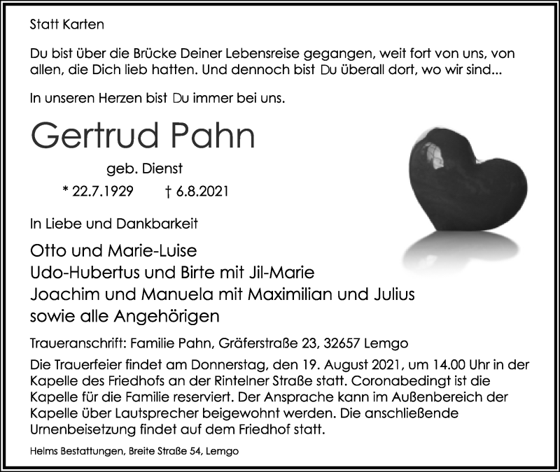  Traueranzeige für Gertrud Pahn vom 14.08.2021 aus Lippische Landes-Zeitung