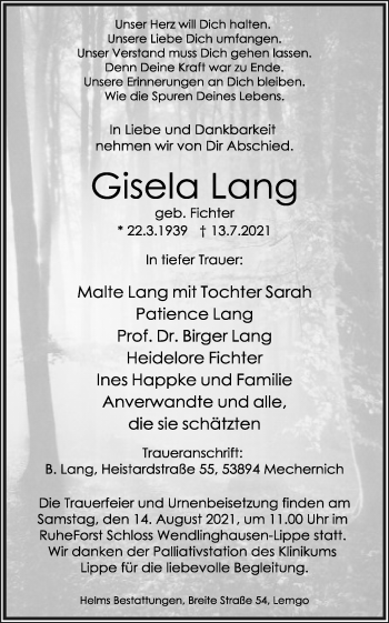 Anzeige  Gisela Lang  Lippische Landes-Zeitung