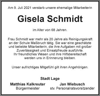 Anzeige  Gisela Schmidt  Lippische Landes-Zeitung