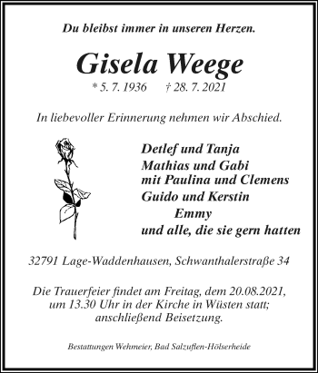 Anzeige  Gisela Weege  Lippische Landes-Zeitung
