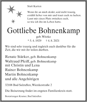 Anzeige  Gottliebe Bohnenkamp  Lippische Landes-Zeitung