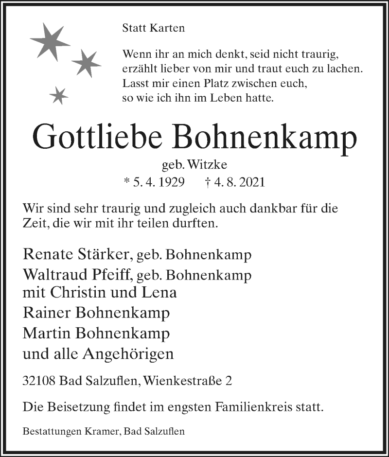  Traueranzeige für Gottliebe Bohnenkamp vom 07.08.2021 aus Lippische Landes-Zeitung