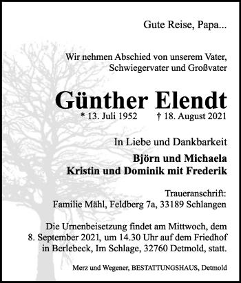 Anzeige  Günther Elendt  Lippische Landes-Zeitung