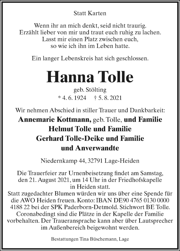 Traueranzeige für Hanna Tolle vom 14.08.2021 aus Lippische Landes-Zeitung