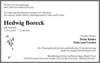 Anzeige  Hedwig Boreck  Lippische Landes-Zeitung