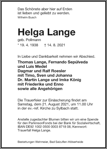 Anzeige  Helga Lange  Lippische Landes-Zeitung
