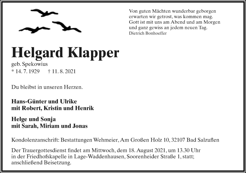  Traueranzeige für Helgard Klapper vom 14.08.2021 aus Lippische Landes-Zeitung