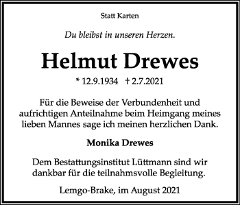 Anzeige  Helmut Drewes  Lippische Landes-Zeitung