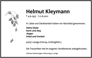 Anzeige  Helmut Kleymann  Lippische Landes-Zeitung