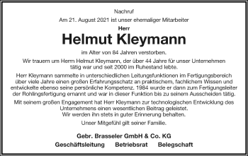 Anzeige  Helmut Kleymann  Lippische Landes-Zeitung