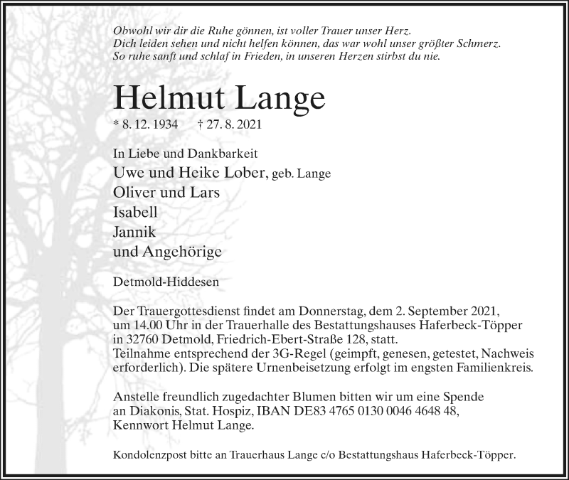 Traueranzeige für Helmut Lange vom 31.08.2021 aus Lippische Landes-Zeitung