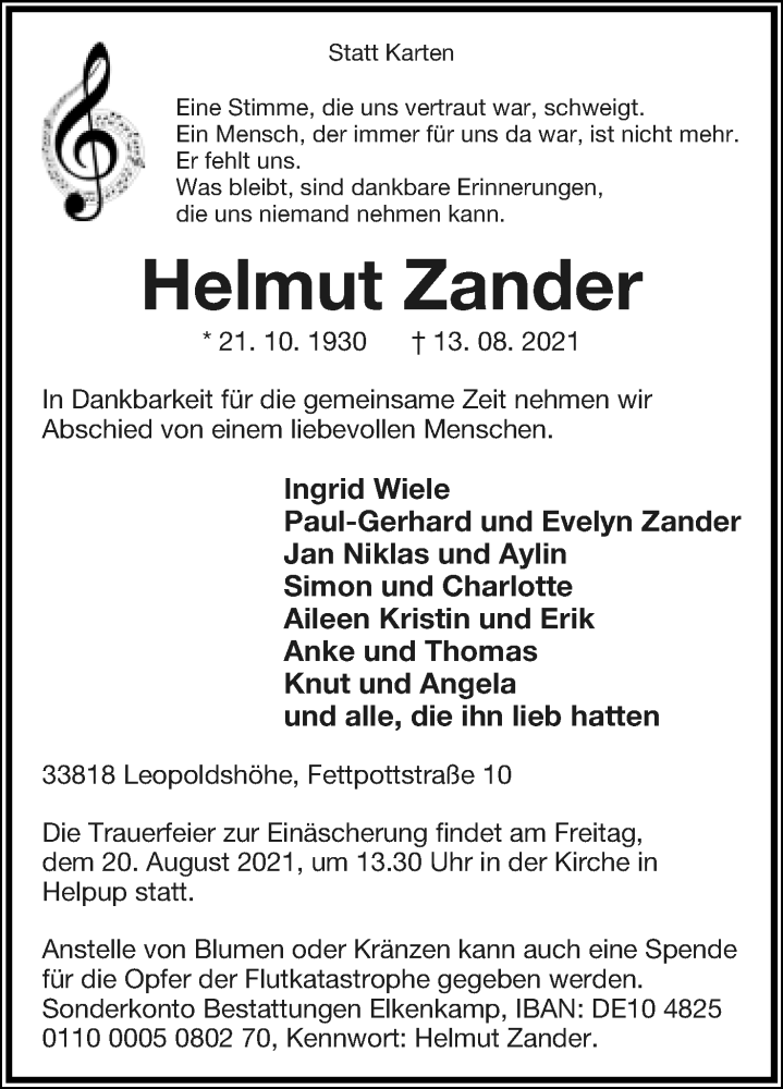  Traueranzeige für Helmut Zander vom 18.08.2021 aus Lippische Landes-Zeitung