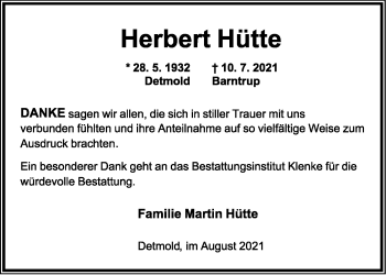 Anzeige  Herbert Hütte  Lippische Landes-Zeitung