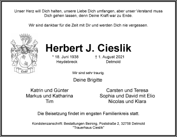 Anzeige  Herbert J. Cieslik  Lippische Landes-Zeitung