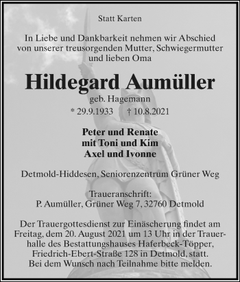 Anzeige  Hildegard Aumüller  Lippische Landes-Zeitung