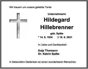 Anzeige  Hildegard Hillebrenner  Lippische Landes-Zeitung