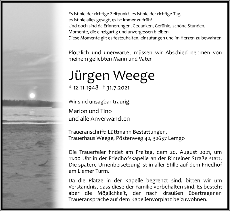  Traueranzeige für Jürgen Weege vom 07.08.2021 aus Lippische Landes-Zeitung