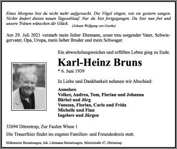 Anzeige  Karl-Heinz Bruns  Lippische Landes-Zeitung