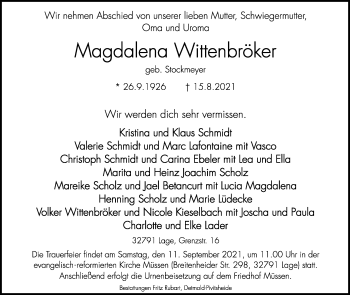 Anzeige  Magdalena Wittenbröker  Lippische Landes-Zeitung