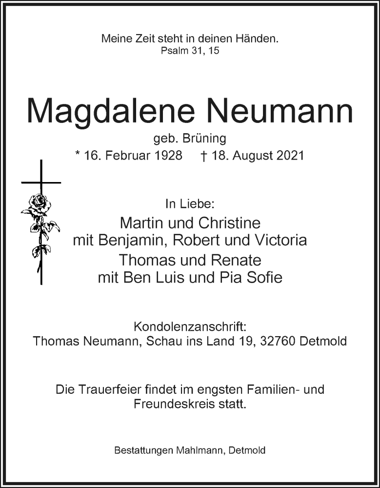  Traueranzeige für Magdalene Neumann vom 28.08.2021 aus Lippische Landes-Zeitung