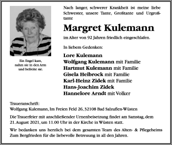 Anzeige  Margret Kulemann  Lippische Landes-Zeitung