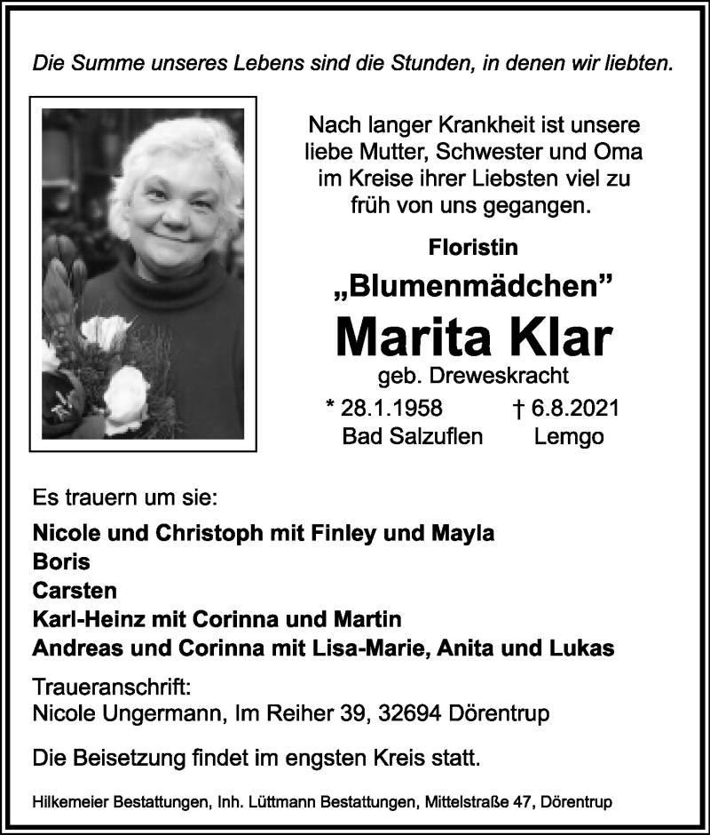  Traueranzeige für Marita Klar vom 14.08.2021 aus Lippische Landes-Zeitung