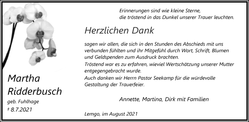  Traueranzeige für Martha Ridderbusch vom 21.08.2021 aus Lippische Landes-Zeitung